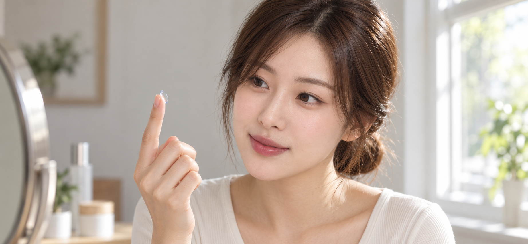 低髮髻女子在窗邊觀察指尖鏡片,準備配戴隱形眼鏡